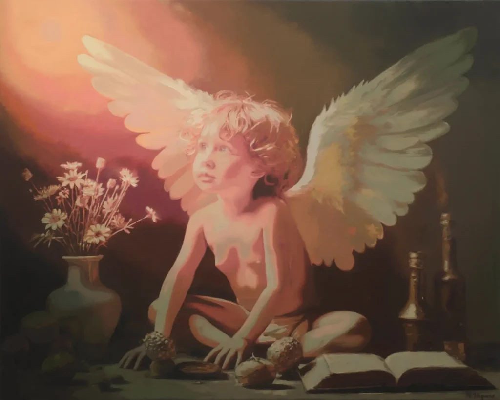"First Light" oil painting by Noelia Vaquero. A winged child with curly hair looks into a warm light that enters from the upper left corner, surrounded by flowers, symbolic objects and an open book on the table.