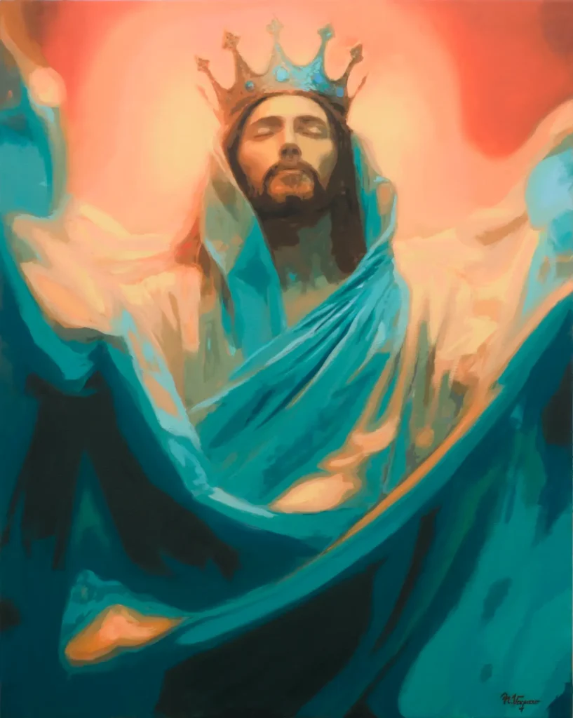 "Christ King" oil painting by Noelia Vaquero. A figure of Christ crowned, wrapped in a moving turquoise blue mantle, illuminated by a warm light on the abstract background. Contemporary figurative work with strong spiritual burden.