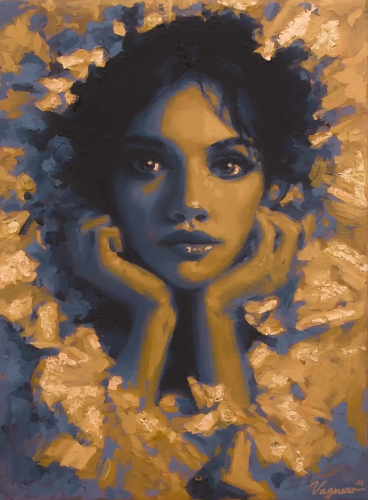 A young woman's oil portrait with a direct look and introspective expression, supporting her face between her hands, surrounded by abstract brushes in blue and ocre tones, work by Noelia Vaquero.