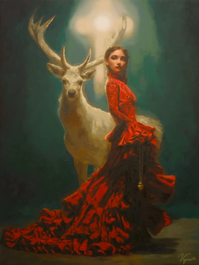 Woman in flamenco red dress next to a white deer illuminated by a mystical light on dark green background, oil painting by Noelia Vaquero.