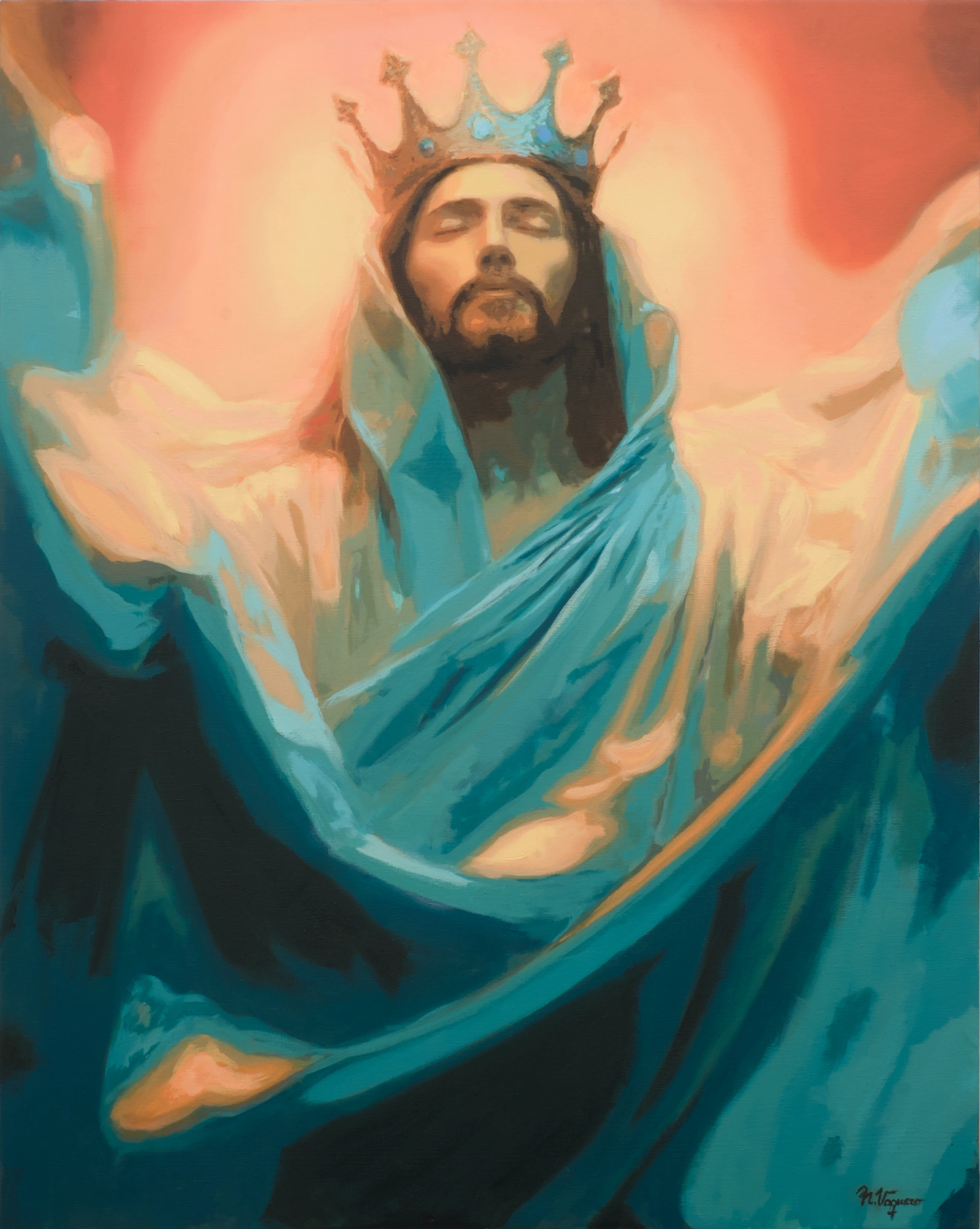 Pintura al óleo “Cristo Rey” de Noelia Vaquero. Figura de Cristo coronado, envuelto en un manto azul turquesa en movimiento, iluminado por una luz cálida sobre fondo abstracto. Obra figurativa contemporánea de fuerte carga espiritual.
