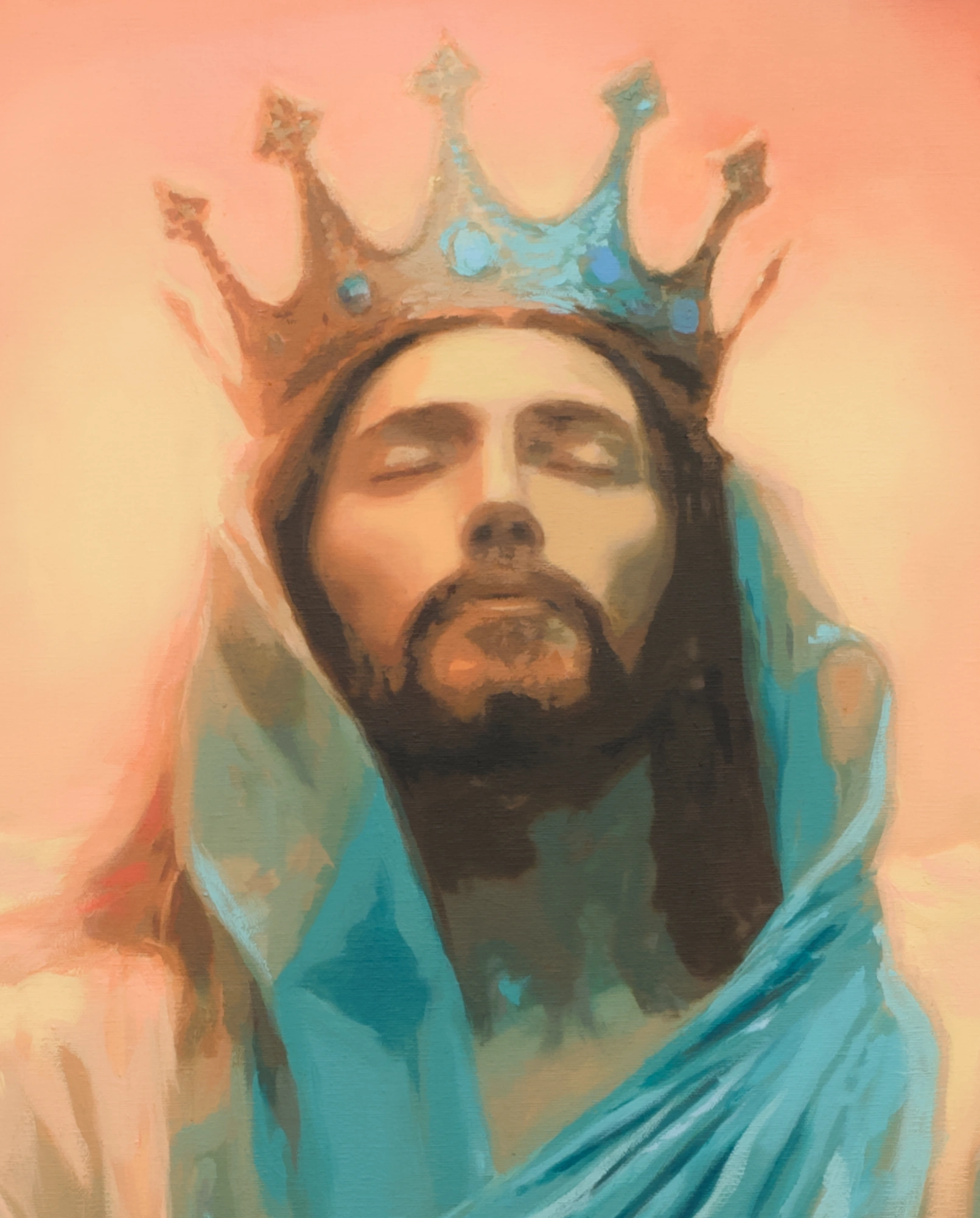 Detalle Pintura al óleo “Cristo Rey” de Noelia Vaquero. Figura de Cristo coronado, envuelto en un manto azul turquesa en movimiento, iluminado por una luz cálida sobre fondo abstracto. Obra figurativa contemporánea de fuerte carga espiritual.