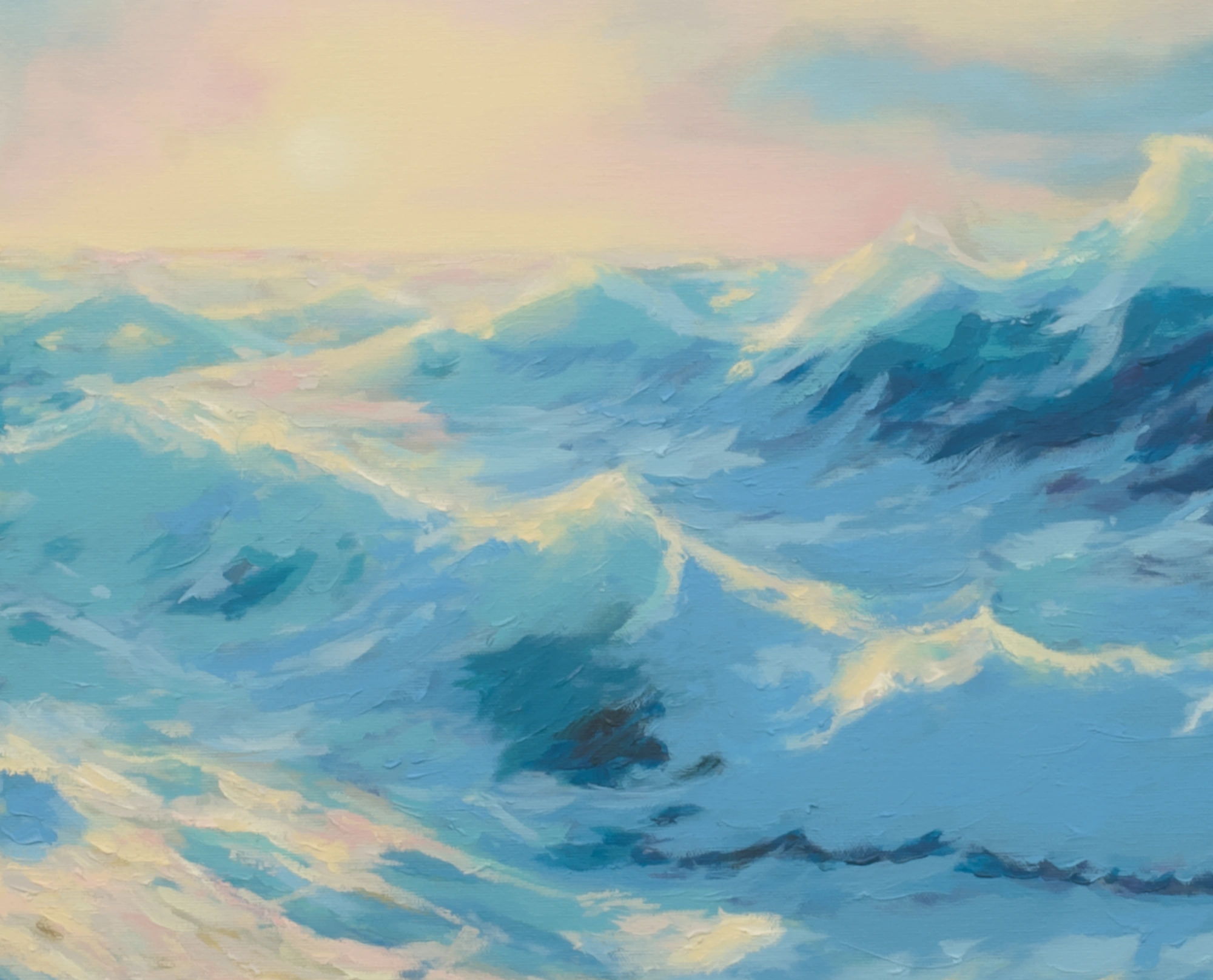 Detalle Pintura al óleo “Umbral de agua” de Noelia Vaquero. Un gran marco dorado en la arena contiene un mar en movimiento cuyas olas se desbordan hacia el exterior, mezclándose con la playa bajo un cielo luminoso. Paisaje marino onírico con elementos surrealistas.