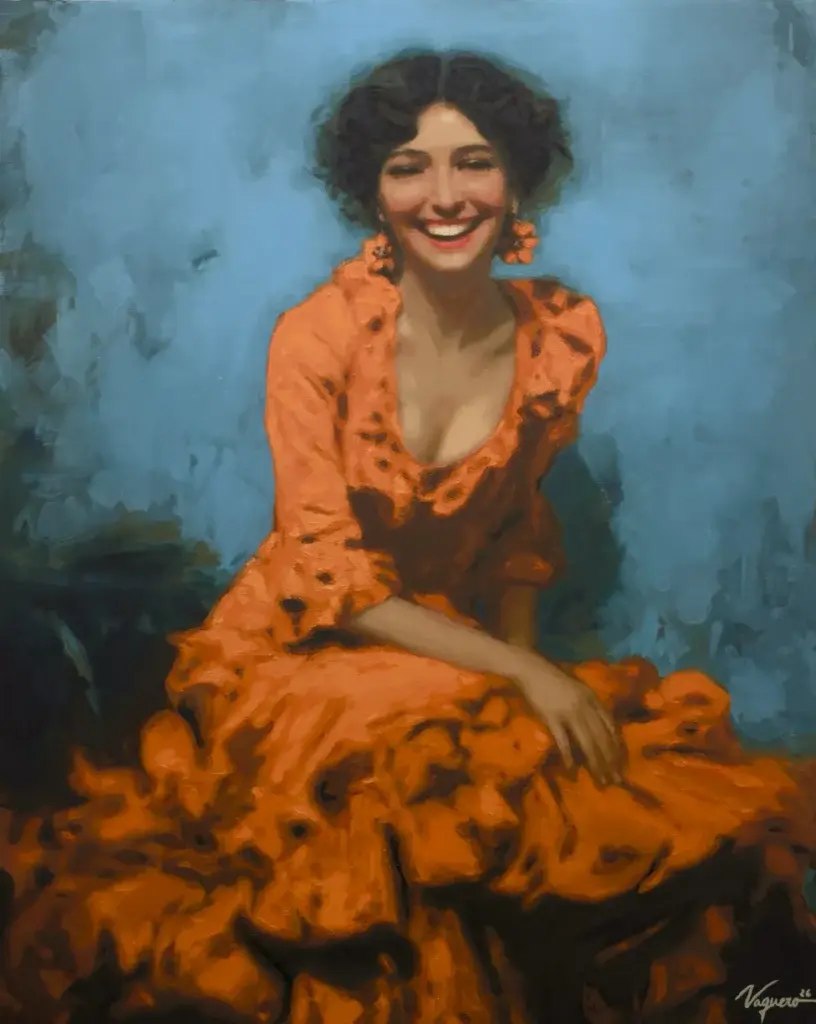 Alegrías, figurative portrait of a smiling woman in an orange flamenco dress against a blue background, oil on canvas by Noelia Vaquero.