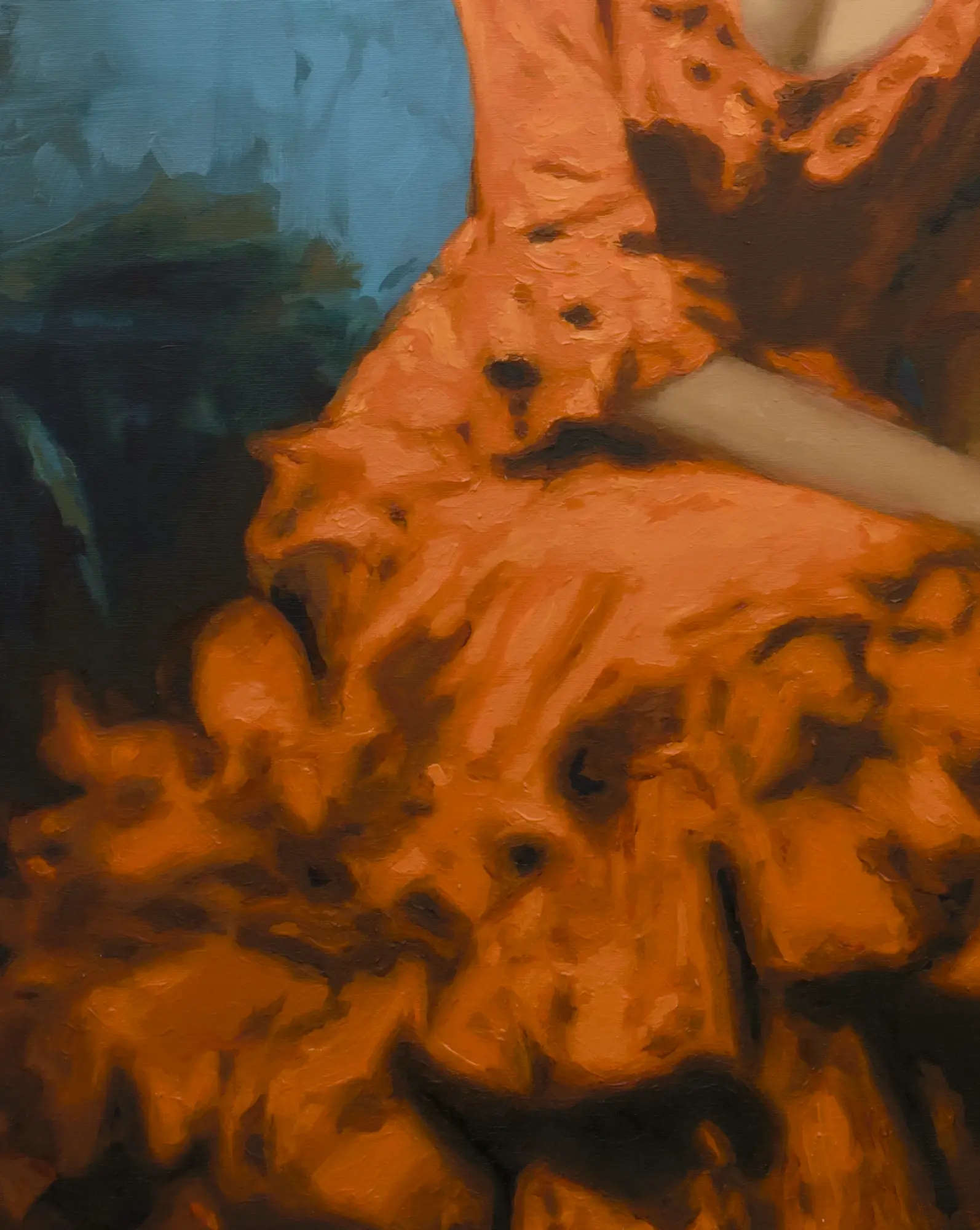Detalle del vestido flamenco naranja en Alegrías, pintura al óleo sobre lienzo de Noelia Vaquero.