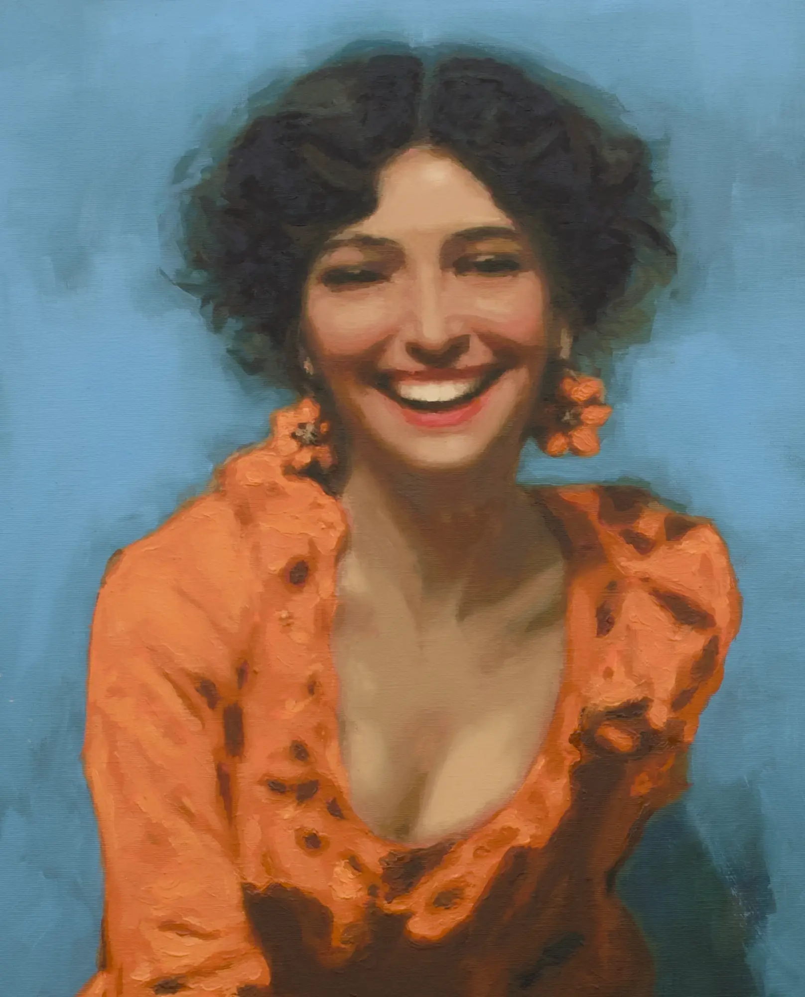 Detalle del rostro sonriente en Alegrías, pintura al óleo sobre lienzo de Noelia Vaquero.